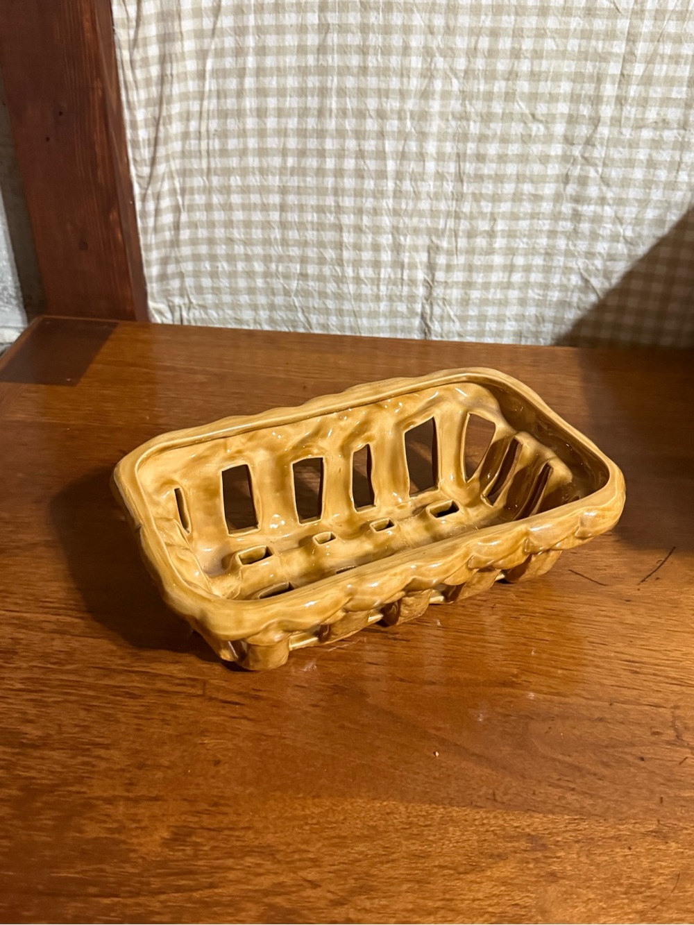 Vintage Ceramic Woven Basket Dish in Honey Brown